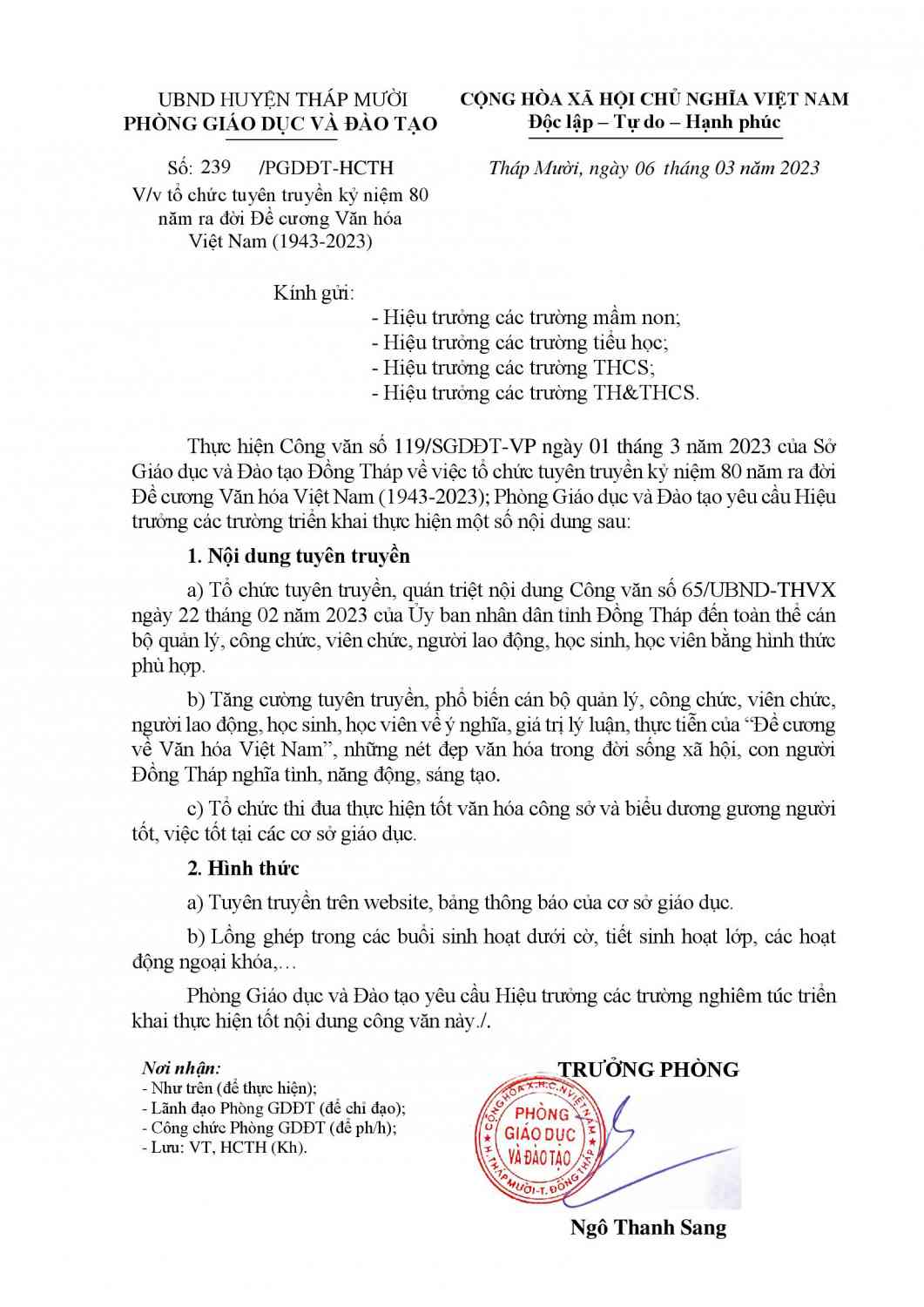 239-PGD - CV-TO CHUC KY NIEM 80 NAM DE CUONG VAN HOA VN (06-03-2023)